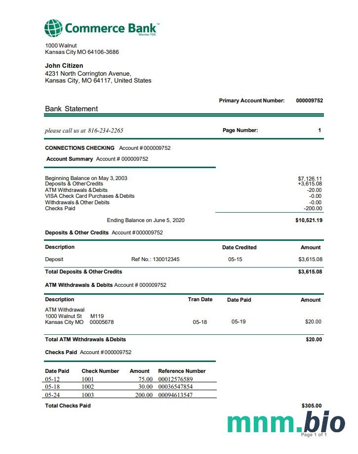 USA Commerce Trust Bank Business checking szablon Worda i PDF